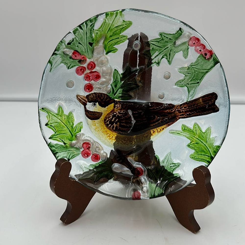 Fused Glass Bird Plate with Holly Berries